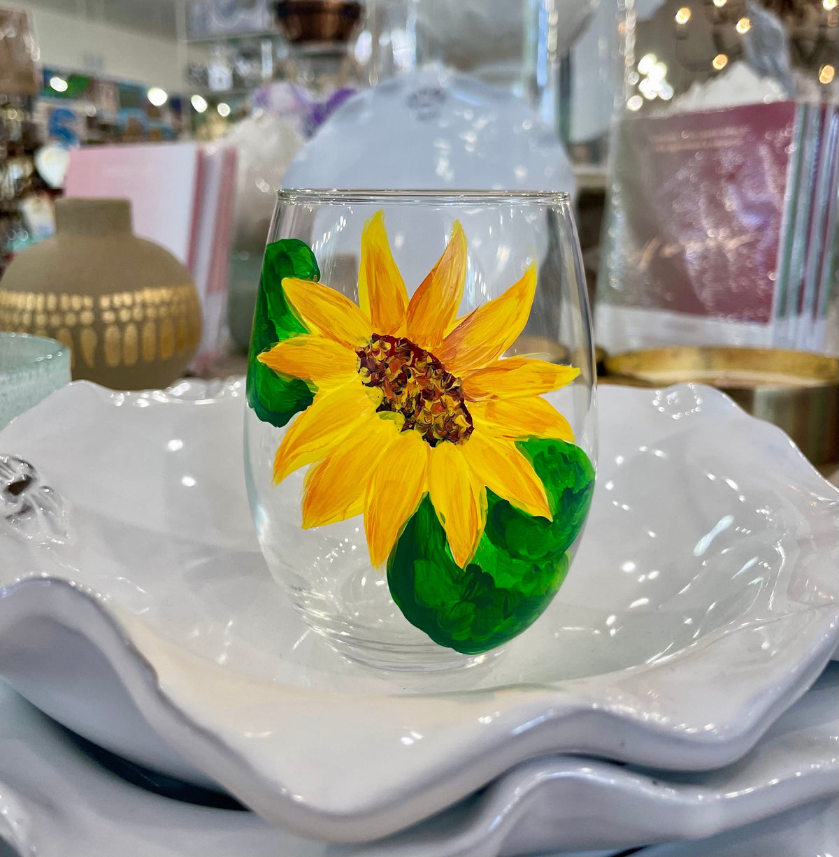 Michelle's Art Box Michelle's Art Box Sunflower Stemless Wine Glass - Little Miss Muffin Children & Home