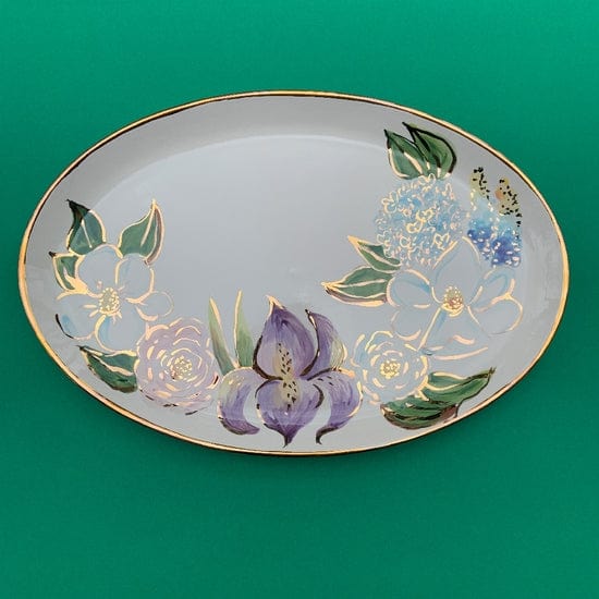 Magnolia Creative Co Southern Floral Oval Platter, detail of gold-trimmed flowers