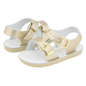 Double strap Saltwater Sea Wee Sandals in gold, for babies and toddlers, available at Little Miss Muffin Children & Home.