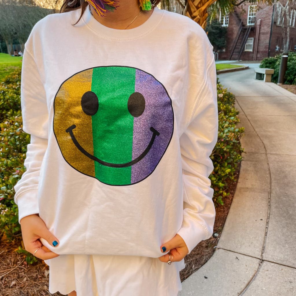 Whereable Art Whereable Art Mardi Gras Glitter Smiley Face Sweatshirt - Little Miss Muffin Children & Home