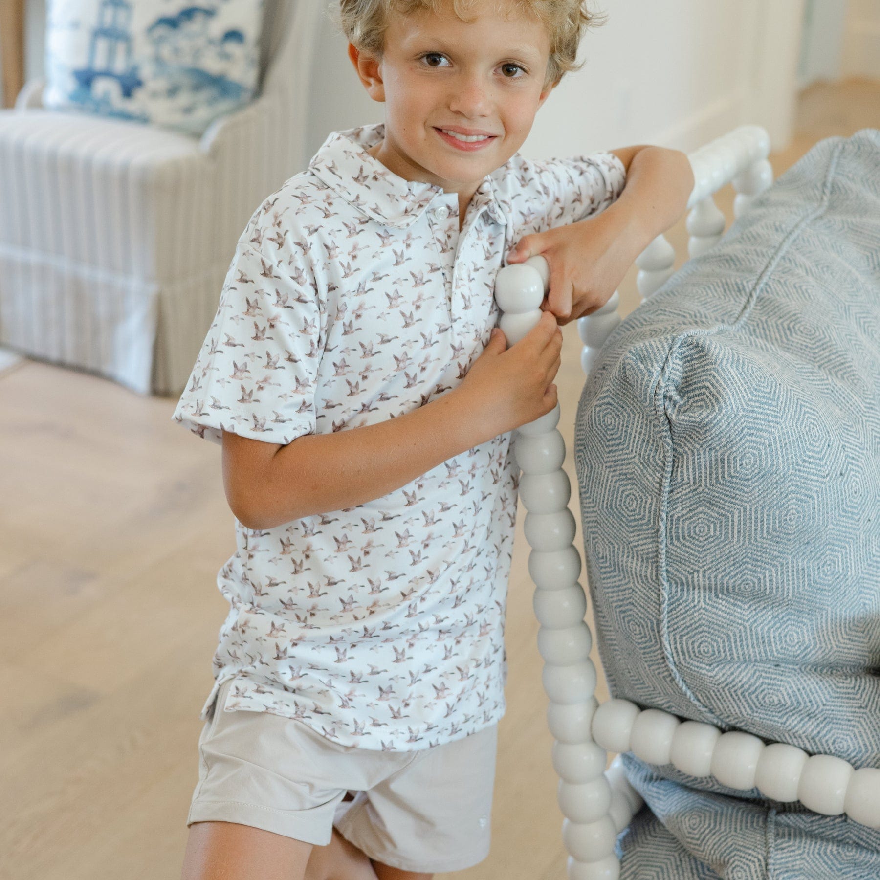 Bailey Boys Henry Short Sleeve Performance Polo, Ducks on Tan - Little Miss Muffin Children & Home