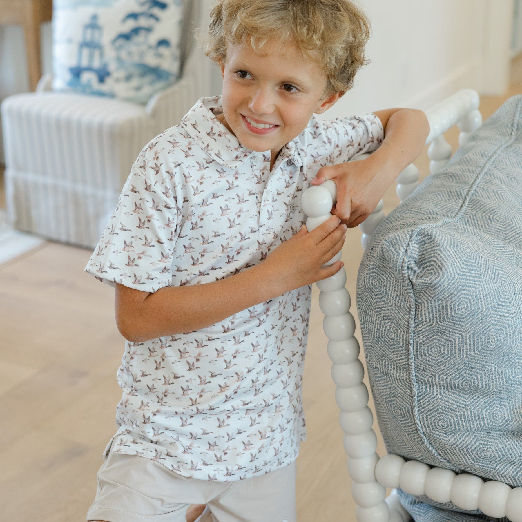 Bailey Boys Henry Short Sleeve Performance Polo, Ducks on Tan - Little Miss Muffin Children & Home