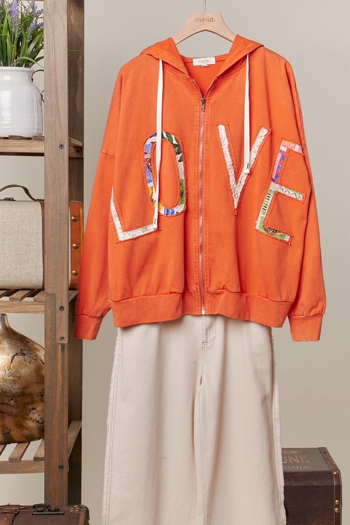 Zip Up Hooded Sweatshirt with Love Patchwork