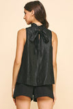 Pinch Ribbon Back Tie Ruffle Neck Sleeveless Top