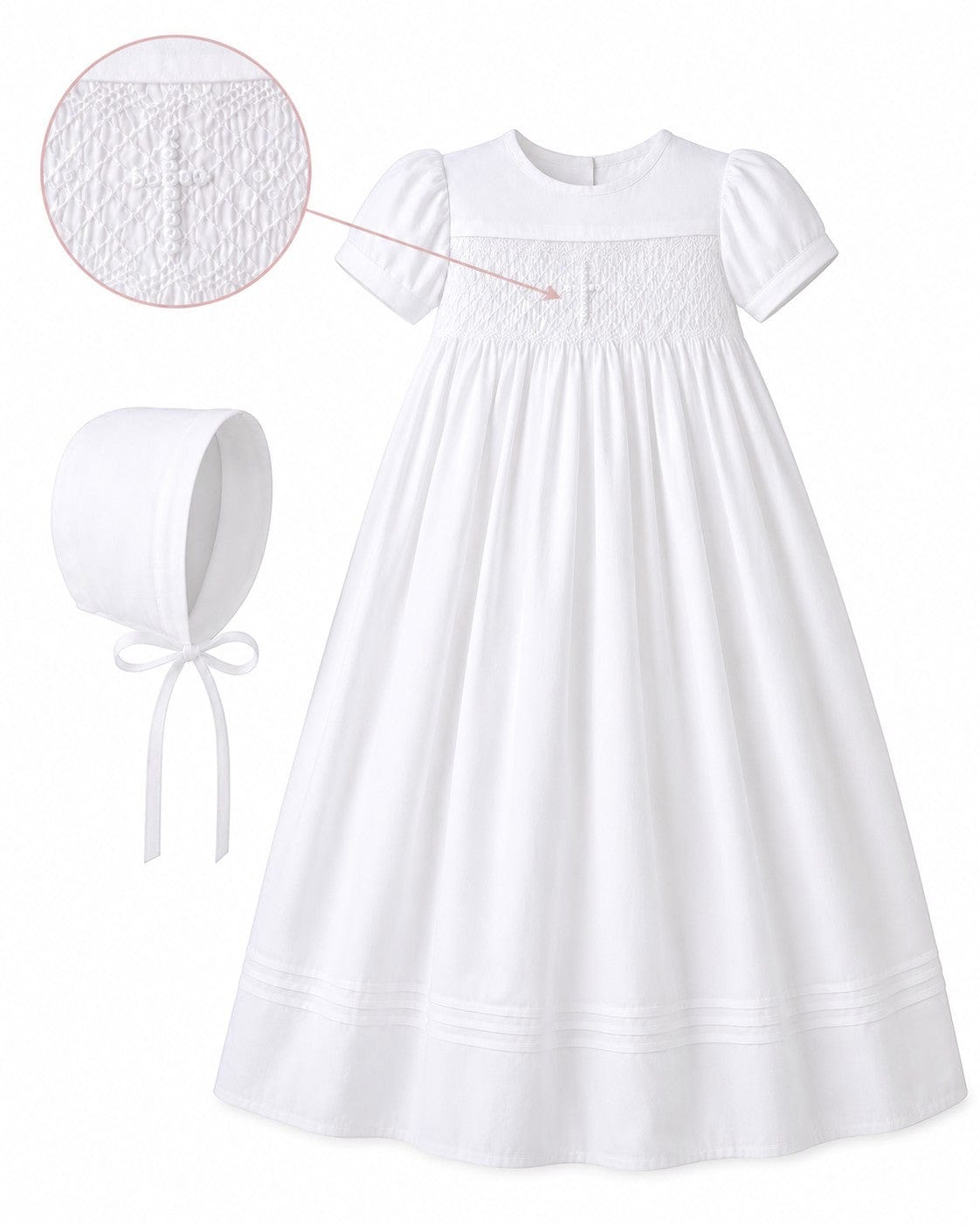 Hand Smocked Cross Christening Gown with Matching Bonnet