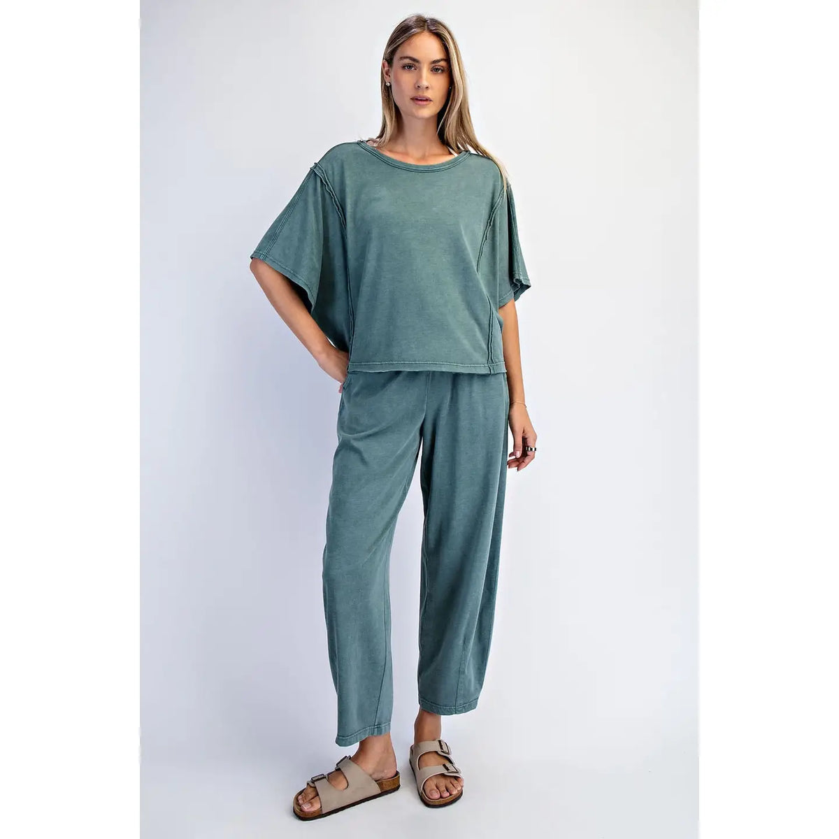 Mineral Washed Boxy Top & Barrel Pant Set in Jungle
