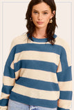 La Miel Loose Fit Striped Round Neck Long Sleeve Sweater in Denim