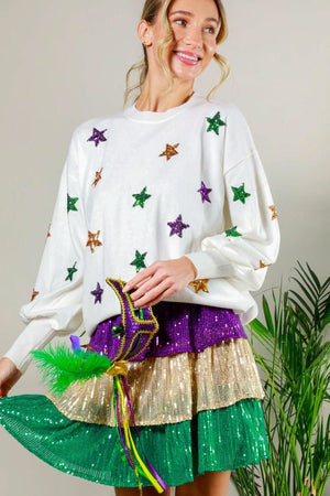 Vine & Love Vine & Love Balloon Sleeve Mardi Gras Sequin Stars Sweater - Little Miss Muffin Children & Home