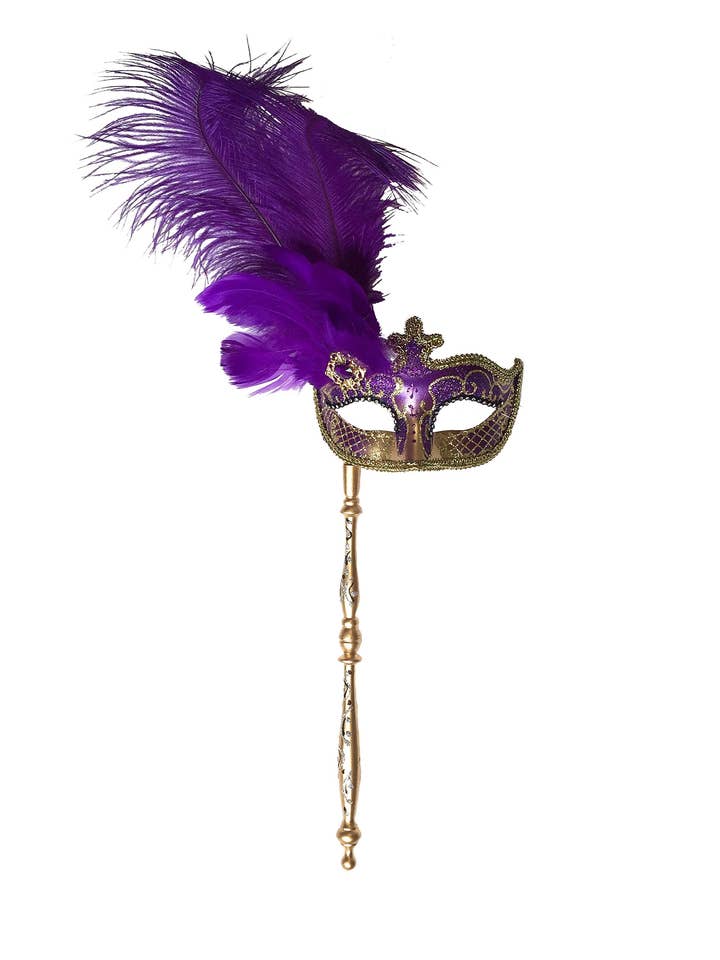 Purple & Gold Anarkali Mask with Feathers & Detachable Stick