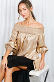 Vine & Love Smocked Off-the-Shoulder Metallic Blouse in Gold