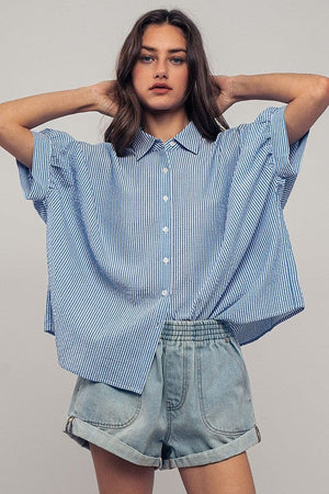 Urban Daizy Boxy Pinstriped Cuff Shirt in Blue & White