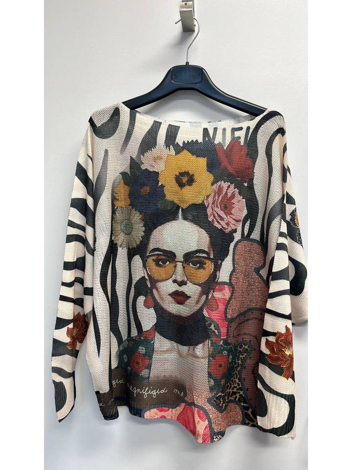 Frida Glasses Zebra Print Knit Sweater