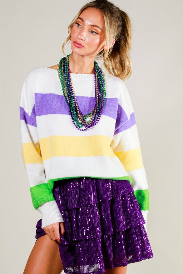 Vine & Love Vine & Love Boatneck Long Sleeve Mardi Gras Stripe Sweater - Little Miss Muffin Children & Home
