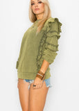 Cezele Ruffle Sleeve French Terry Sweatshirt in Olive