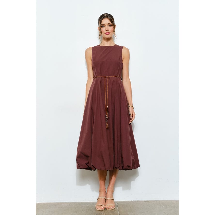 INA Balloon Hem Cotton Midi Dress with Braided Belt in Chocolate - Little Miss Muffin Children & Home