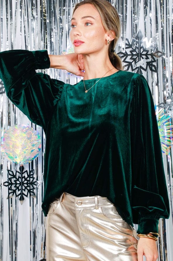 Vine & Love Vine & Love Long Balloon Sleeve Round Neck Velvet Blouse Top in Hunter Green - Little Miss Muffin Children & Home