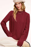 La Miel Cable Knit Crew Neck Sweater in Deep Maroon