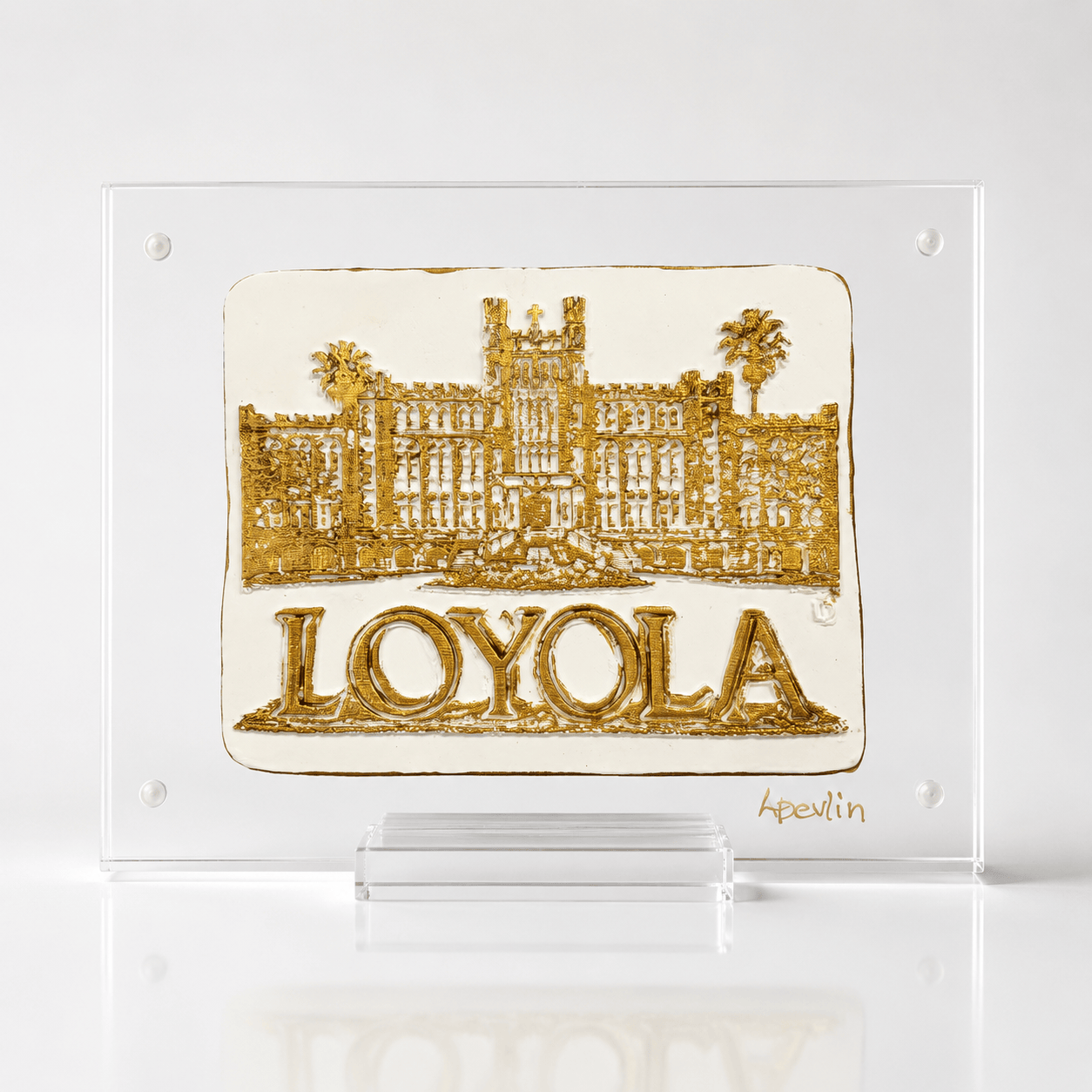 Loyola Clay Piece on Acrylic – Handcrafted Wall Art by Lisa Devlin