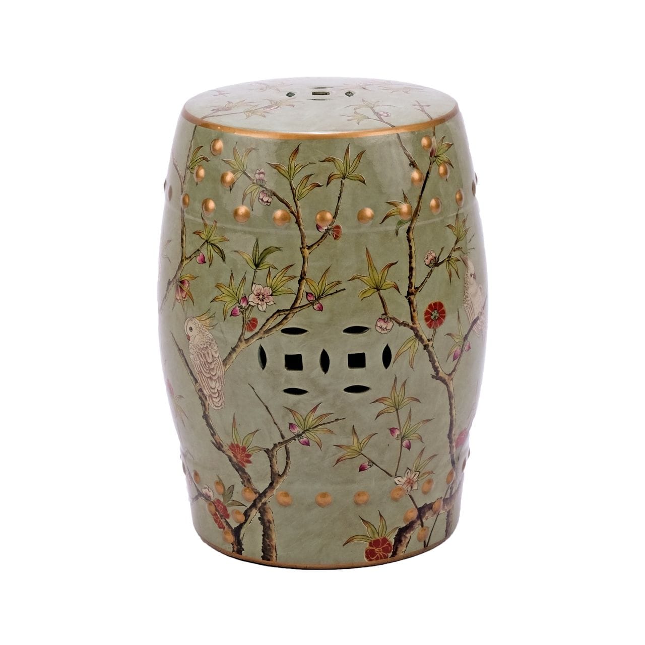 Green Gilt Garden Stool Parrot Floral Motif