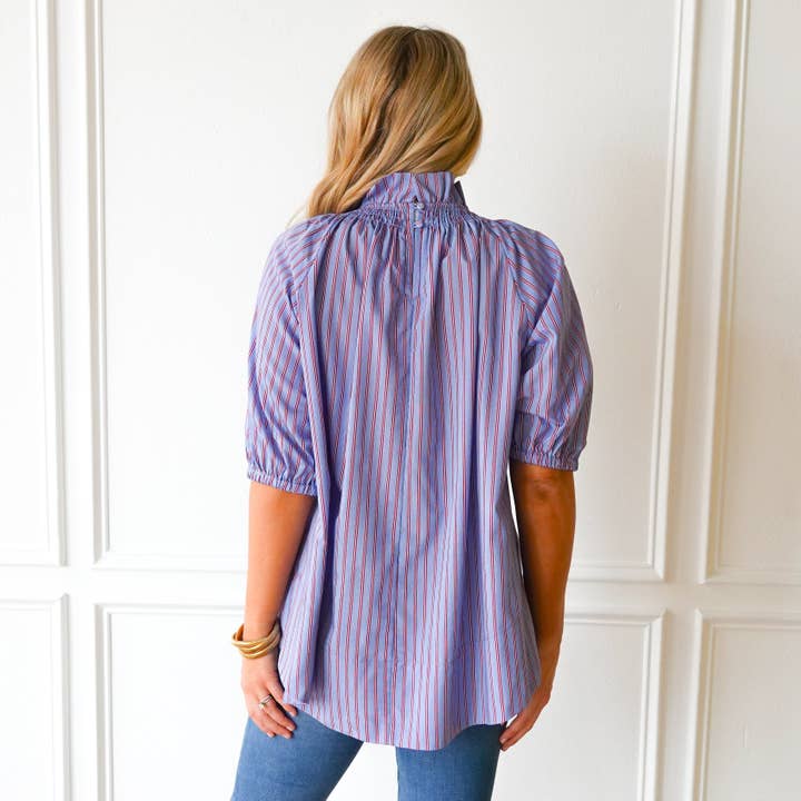 blue and red striped blouse