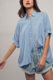 Urban Daizy Boxy Pinstriped Cuff Shirt in Blue & White