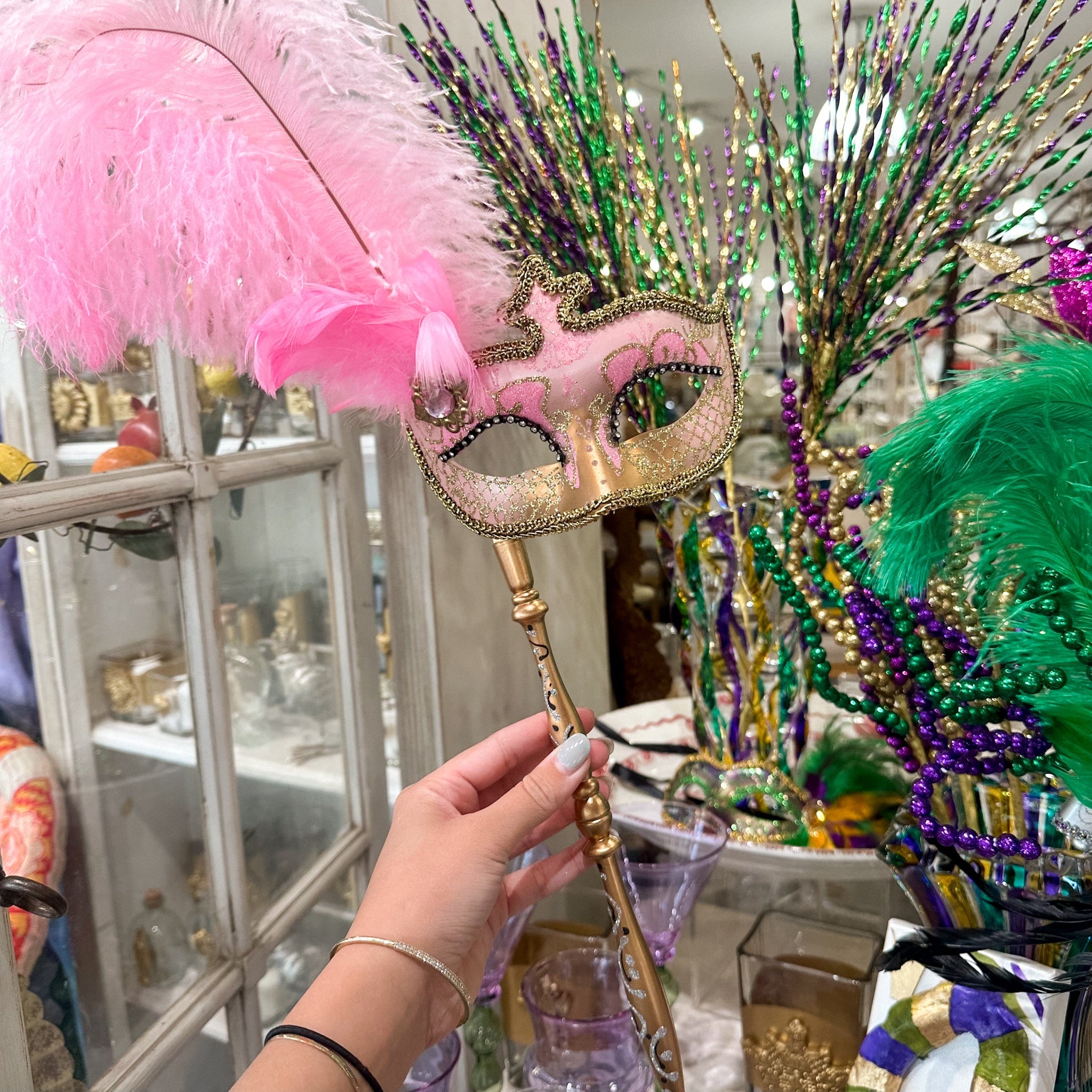 Mardi Gras Creations Light Pink & Gold Anarkali Mask with Feathers & Detachable Stick - Little Miss Muffin Children & Home
