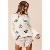 Ive Mardi Gras Sequin Fleur de Lis Sweater