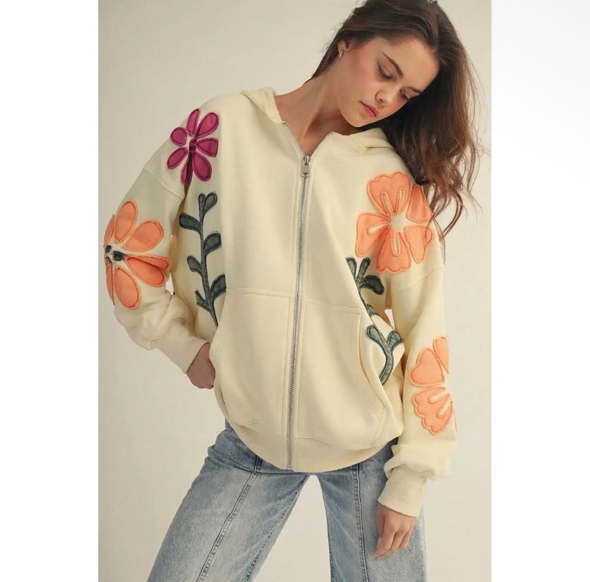 Artisan Bloom Patch Patchwork Oversized Cardigan Hoodie
