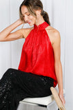 Vine & Love Metallic Halter Neck Tie Back Blouse in Red