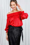 Vine & Love Smocked Off-the-Shoulder Metallic Blouse in Red