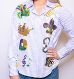 Bomb Design Purple Striped Button Down with Sequin Mardi Gras Designs