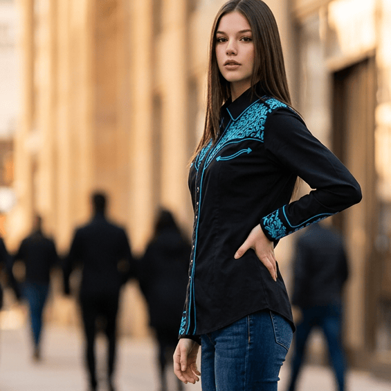 Women's Vintage Black & Turquoise Tooling Embroidered Western Shirt