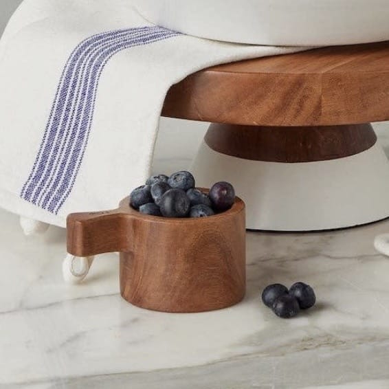 French Bistro Wood Measuring Cups in Vintage Blue Stripe Bag, Set of 4