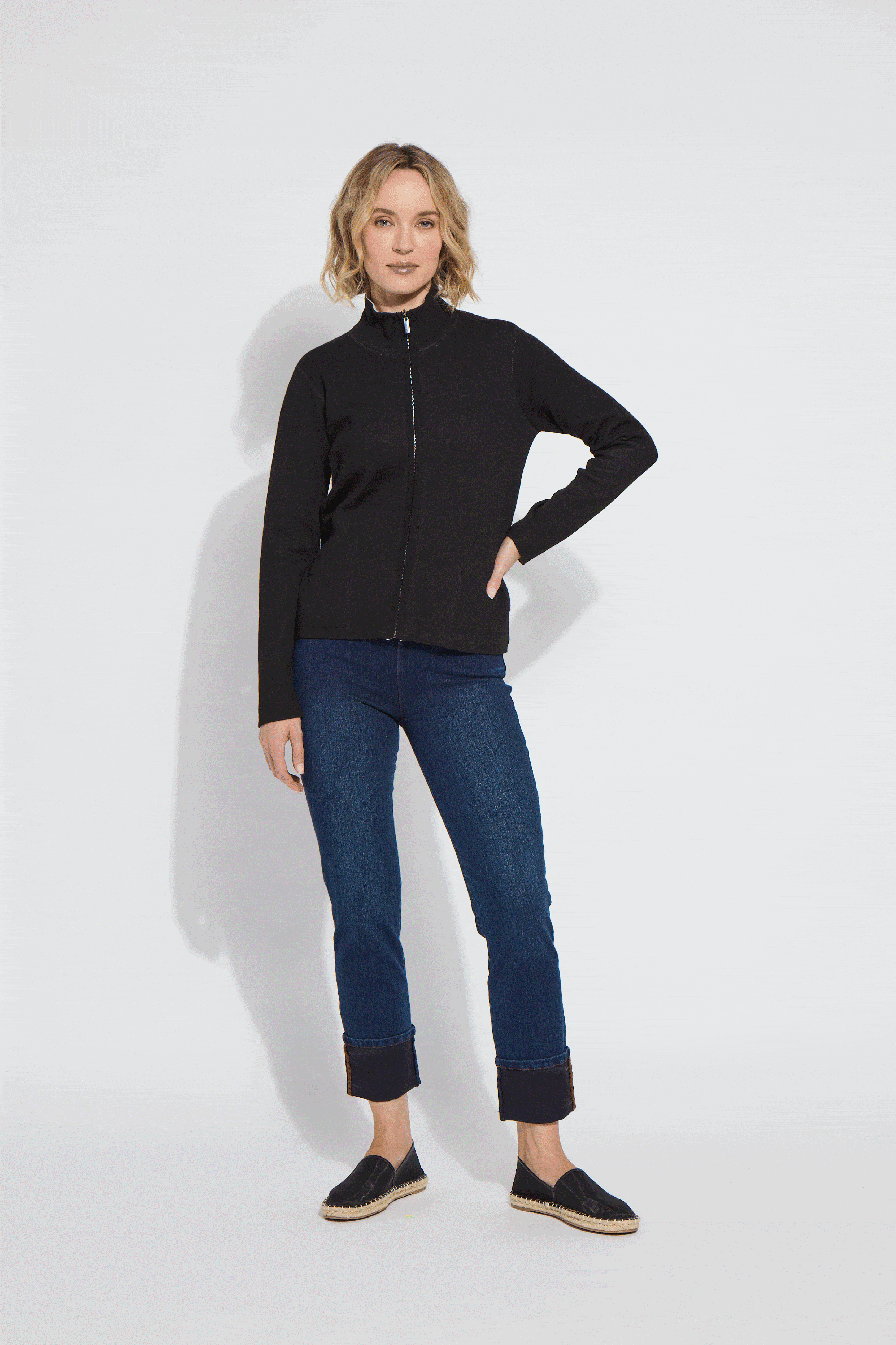 Lyssé Reversible Cashmere Zip-Up Cardigan – Black/Pearl Grey Melange