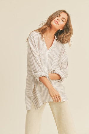 Miou Muse Striped Button Down Shirt in Beige