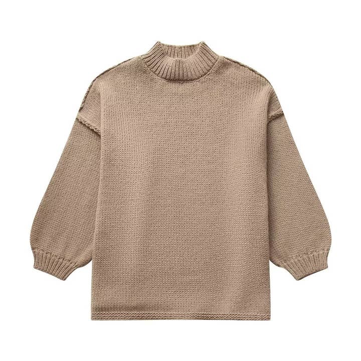 Khaki Ladies Mock Neck Long Sleeves Sweater