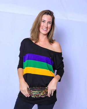 Mardi Gras Creations Mardi Gras Stripe Off Shoulder Jersey Top in Black