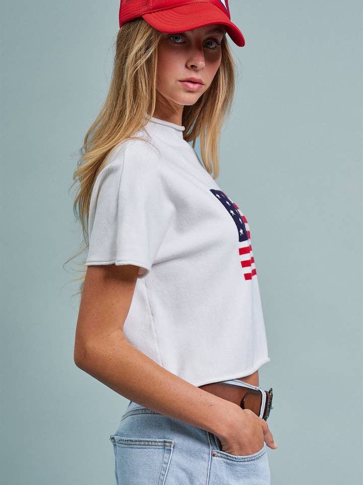 American Flag Graphic Raw Edge Crop Tee