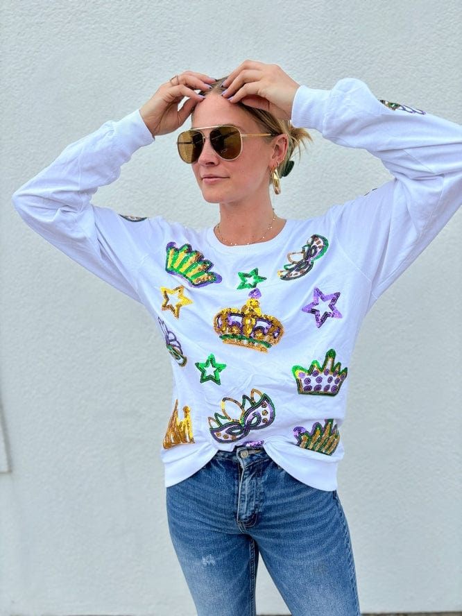 Mardi Gras Creations Mardi Gras Creations Adult Crowns and Masks French Terry Light Weight Pullover - White - Little Miss Muffin Children & Home
