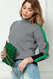 Cezele Herringbone Turtleneck Knit Sweater with Green Stripe