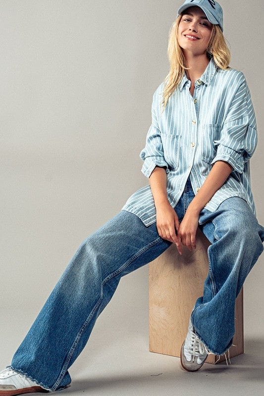 Urban Daizy Urban Daizy Striped Button Down Shirt in Chambray - Little Miss Muffin Children & Home