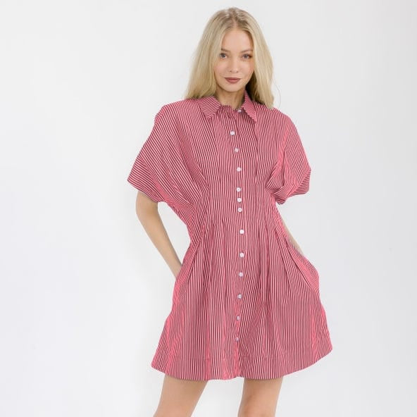 open lace back dress Red Striped Pleated Shirt Dress