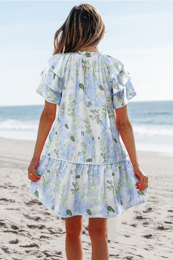 Aapparella Aapparella Floral Contrast Edge Layered Tied Neck Mini Dress in Blue - Little Miss Muffin Children & Home