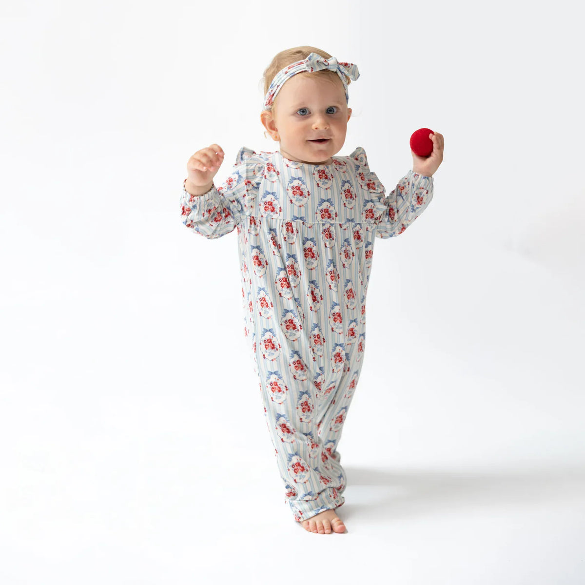 Beverly Cameo Stripe Ruffle Sleeve Snap Romper