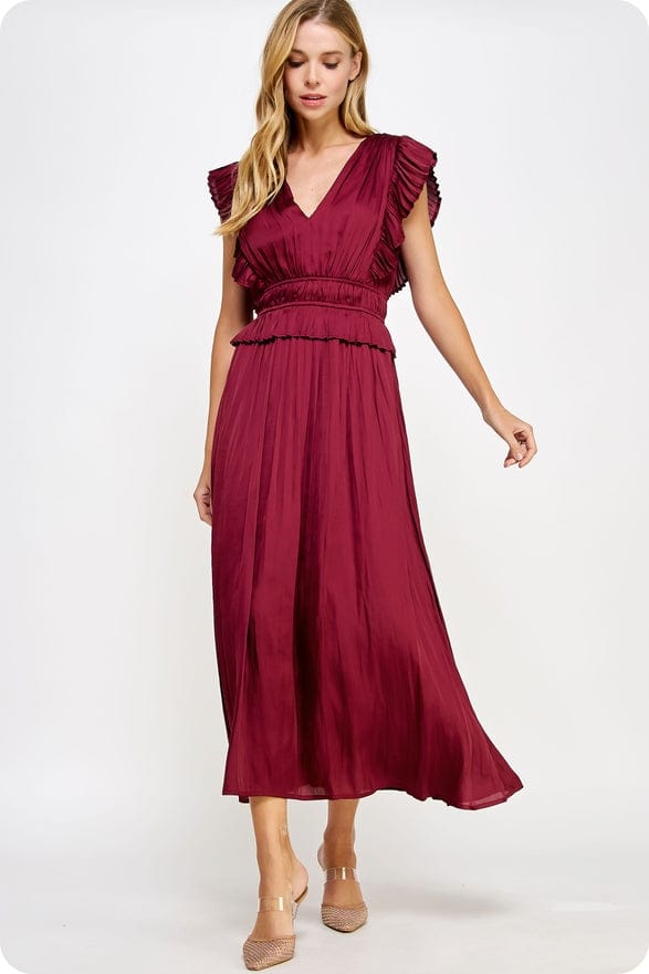 Strut & Bolt Sleeveless Pleated Long Satin Dress in Burgundy Strut & Bolt Sleeveless Pleated Long Satin Dress in Burgundy