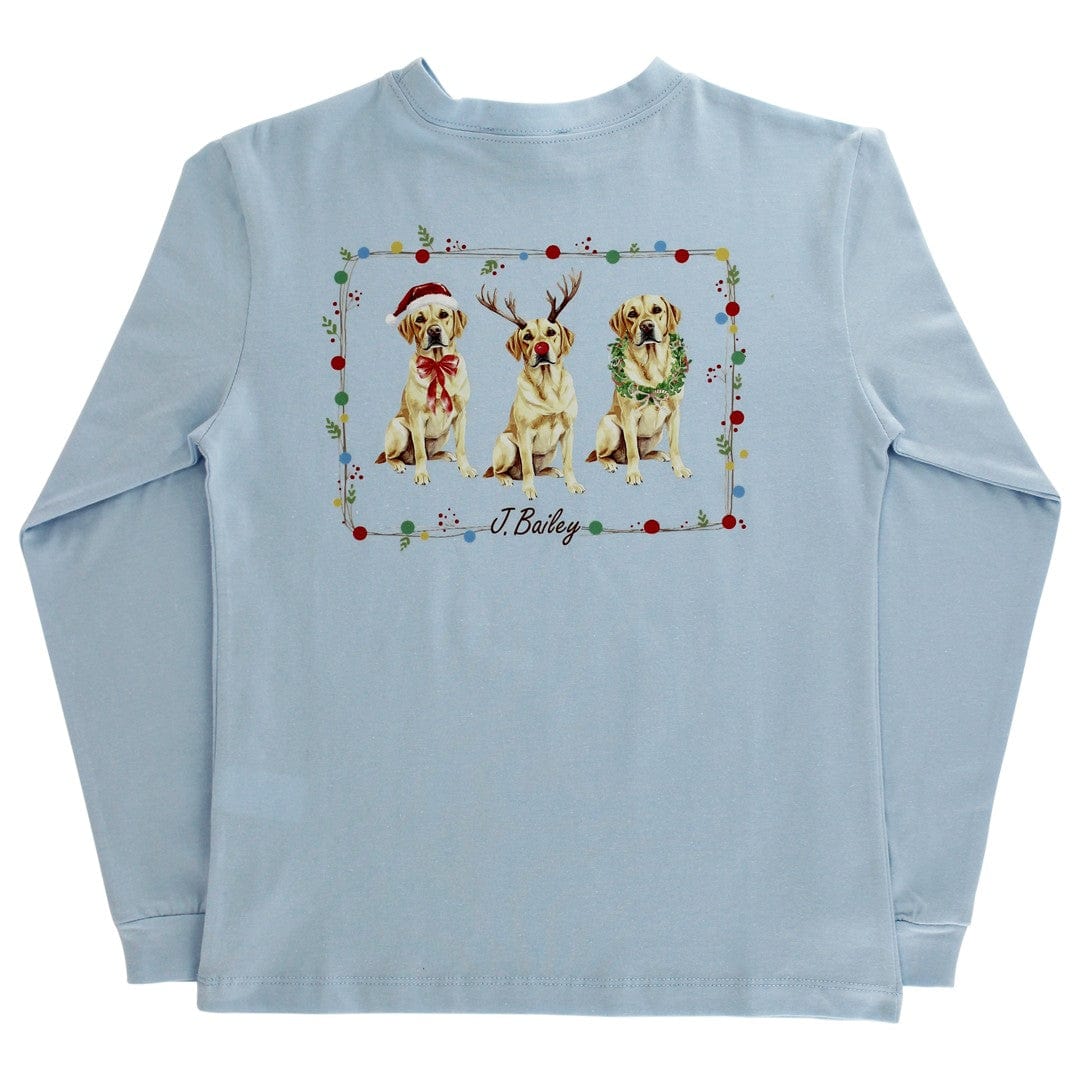 Bailey Boys Long Sleeve Logo Tee, Christmas Labs on Light Blue - Little Miss Muffin Children & Home