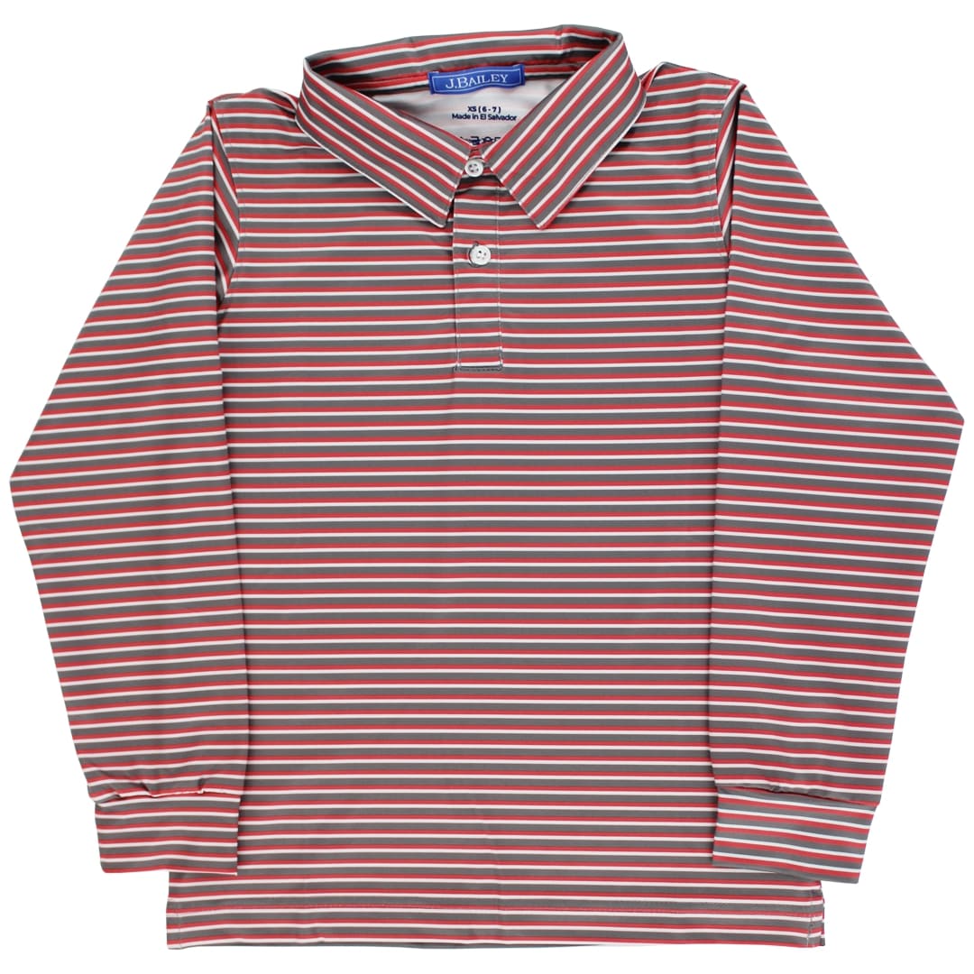 Harry Long Sleeve Striped Performance Polo in Canyon Red and Gray for boys by Bailey Boys