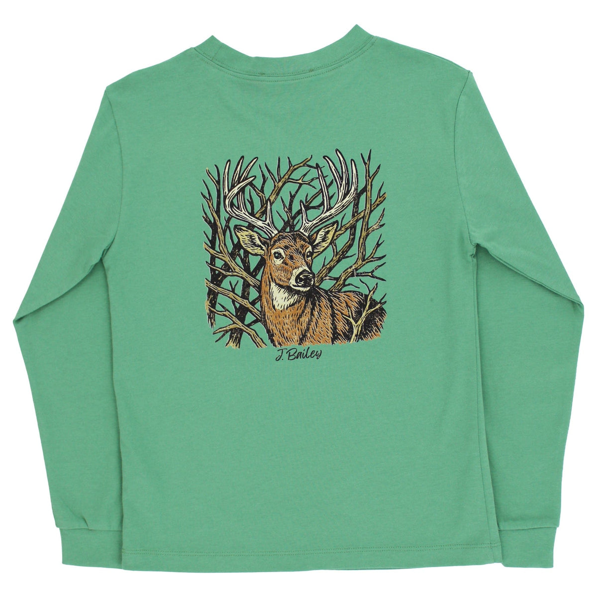 Long Sleeve Logo Tee with Buck on Sage