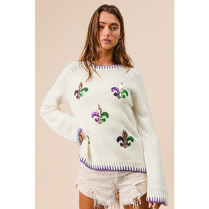 Ive Mardi Gras Sequin Fleur de Lis Sweater