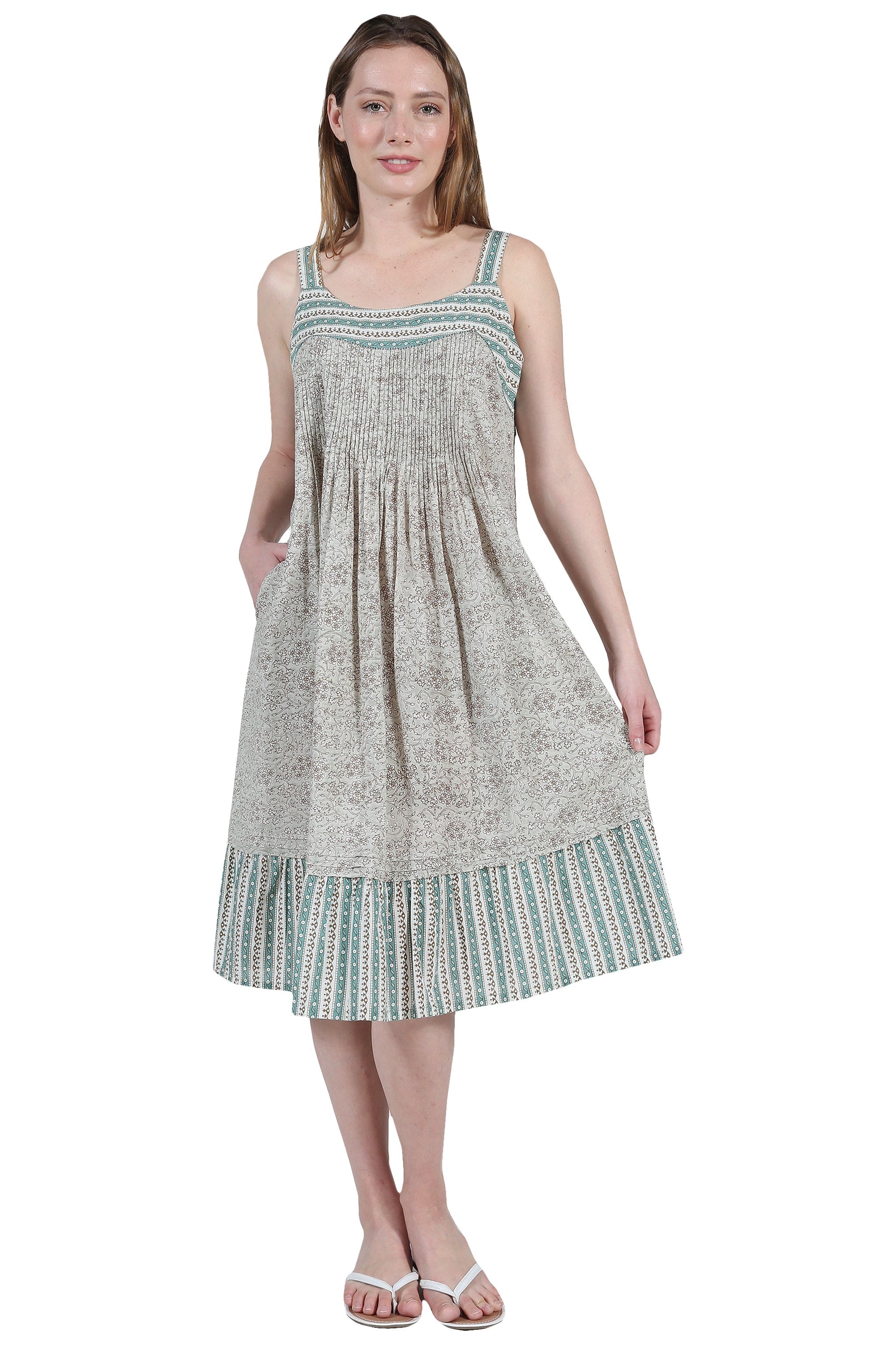 La Cera Pleat Front Cotton Gown With Flounce L – 14-16 / CELEDON